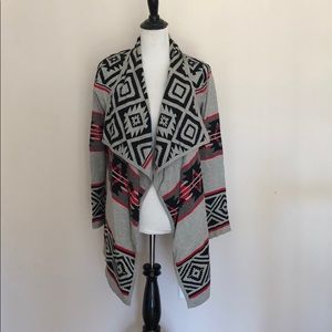 Patterned grey black and red open sweater cardigan